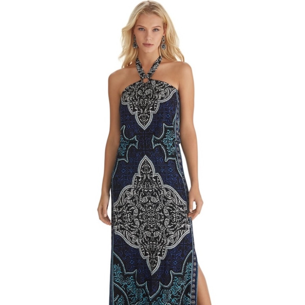 WHBM Sleeveless Printed Halter Maxi Dress